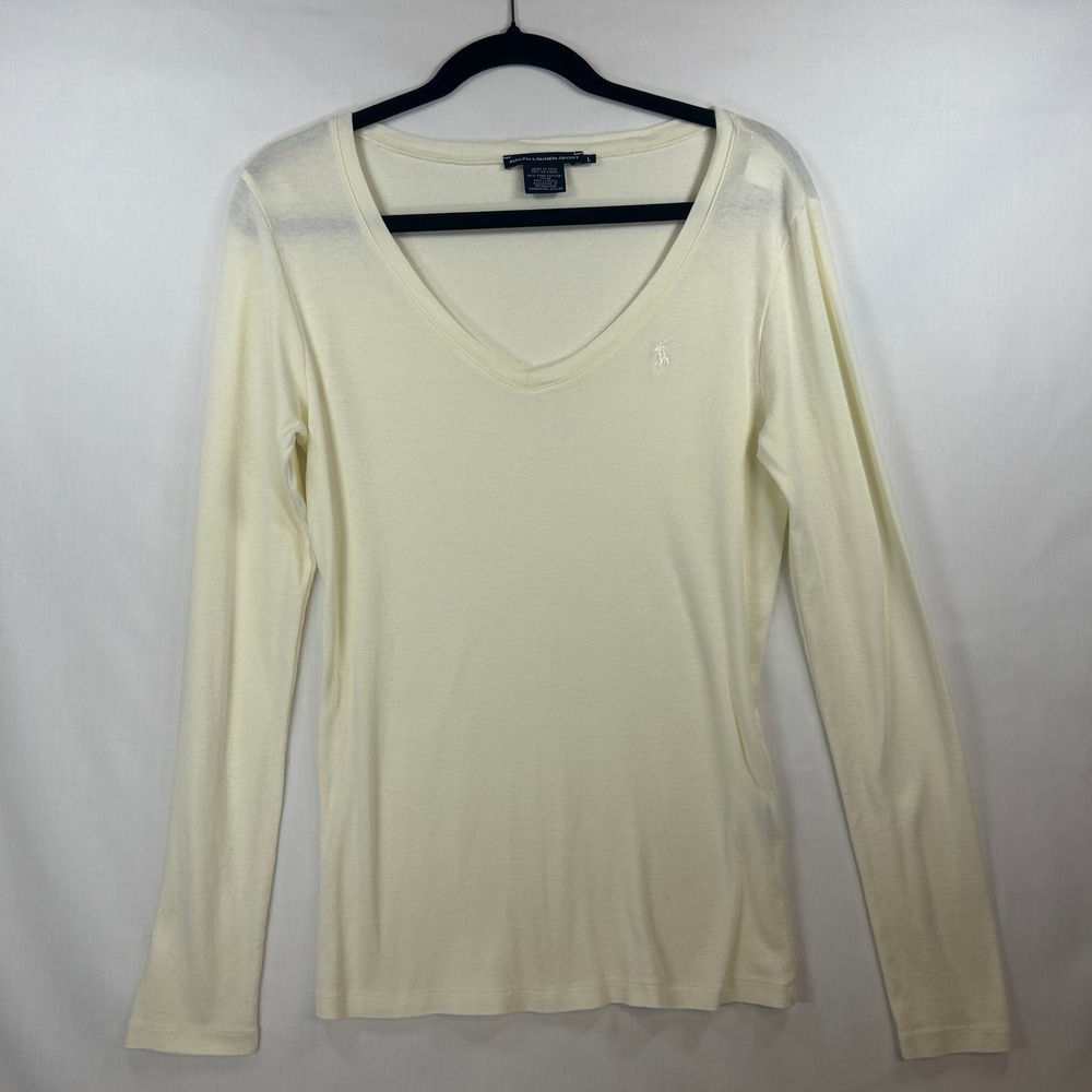 Ralph Lauren Sport Cream Pima Cotton Blend V-Neck Top Size L